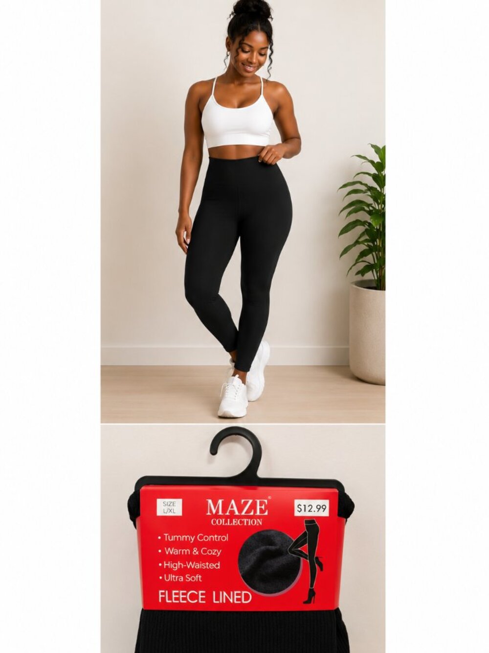 MAZE Collection Fleece Lined High Waist Tummy Control Leggings Black L/XL